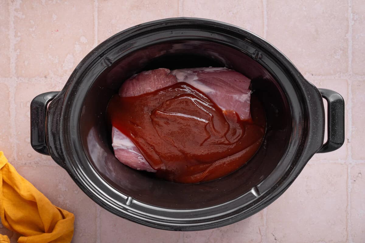 Overhead shot of ingredients in slow cooker.