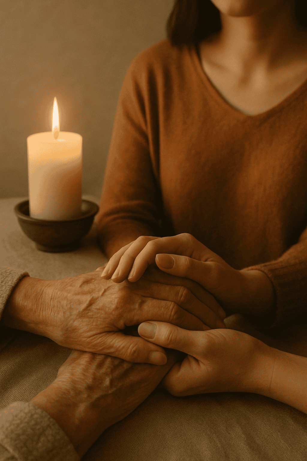 Close up of an end-of-life doula holding hands with a dying person and a candle in the background, keeping vigil.