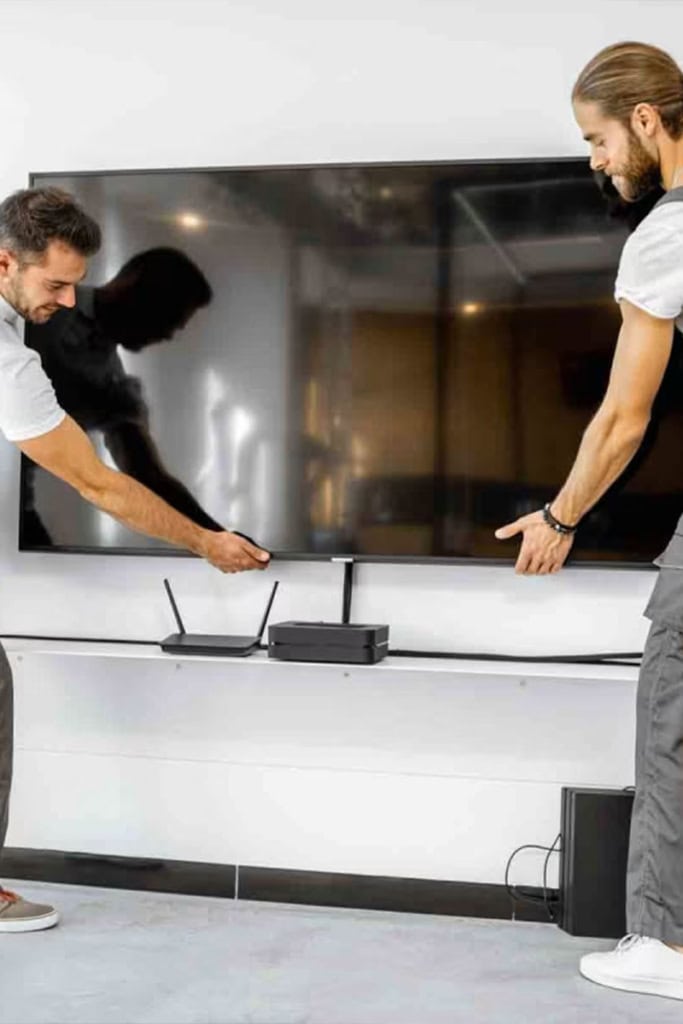 Two men mounting a wall TV above a low white console