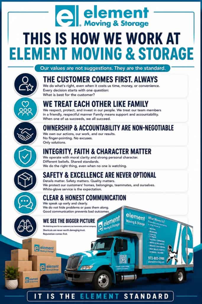Element Moving & Storage values poster titled This Is How We Work, with an Element truck at the bottom
