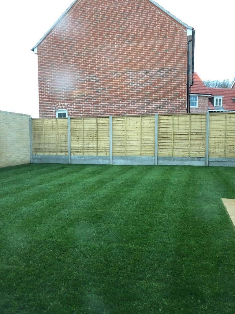 Freshly installed wooden garden fence with lush green lawn.