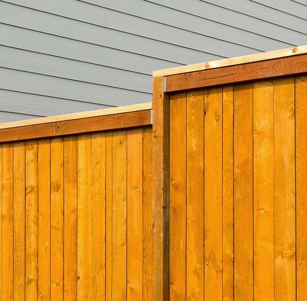 Close-up of a wooden garden fence with grey house siding in the background.