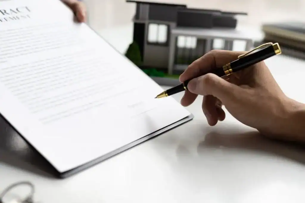Person signing a contract for garden fencing and landscaping services.