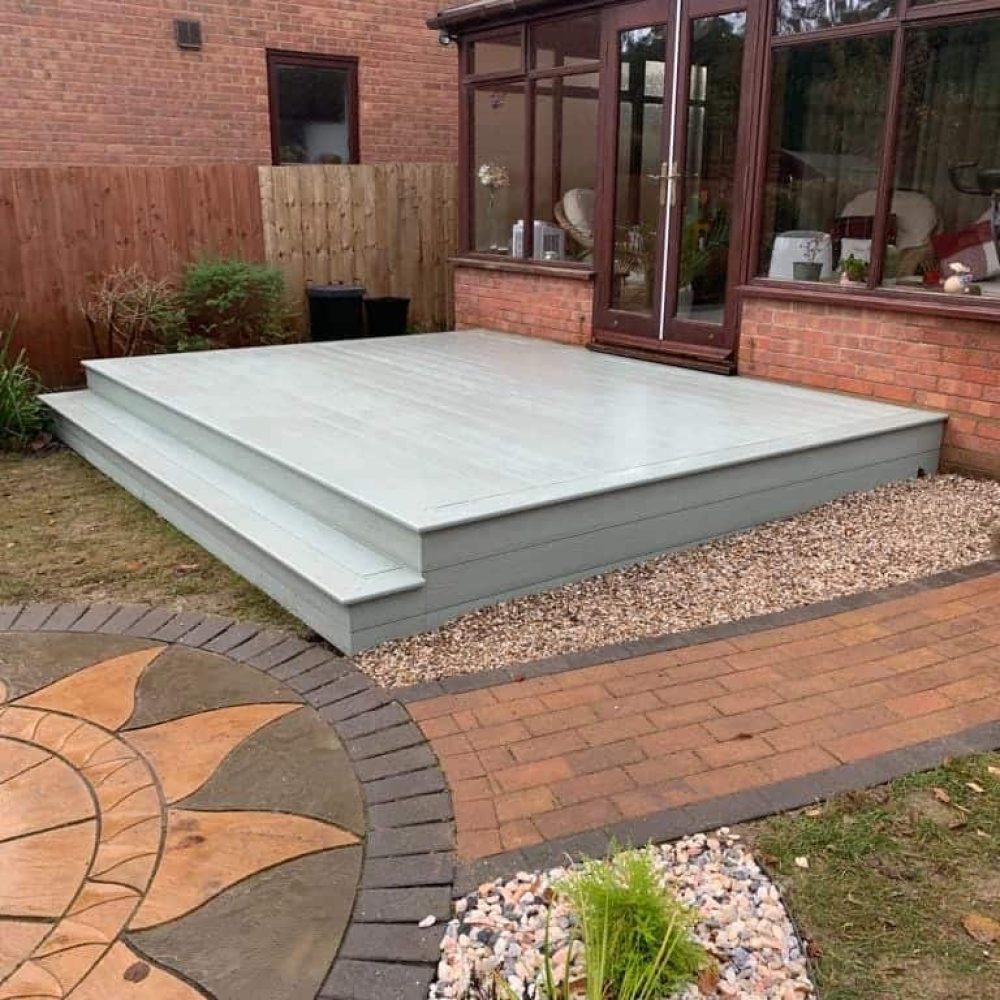 Long-lasting composite decking in a backyard garden.