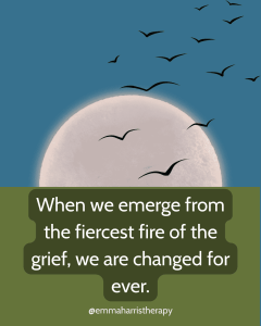 Image of a moon rising with birds. The text reads "When we emerge from the fiercest fire of the grief, we are changed for ever."
