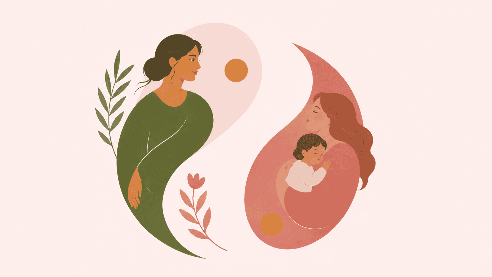 Stylised yin-yang-inspired illustration of two women facing each other, one holding a child and one without a child, with space between them, suggesting movement towards balance and mutual recognition.