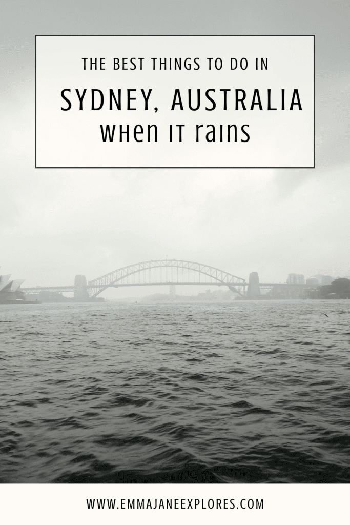 Sydney, Australia under rainy skies with the Harbour Bridge in view, showcasing the city's iconic landscape during a wet day.