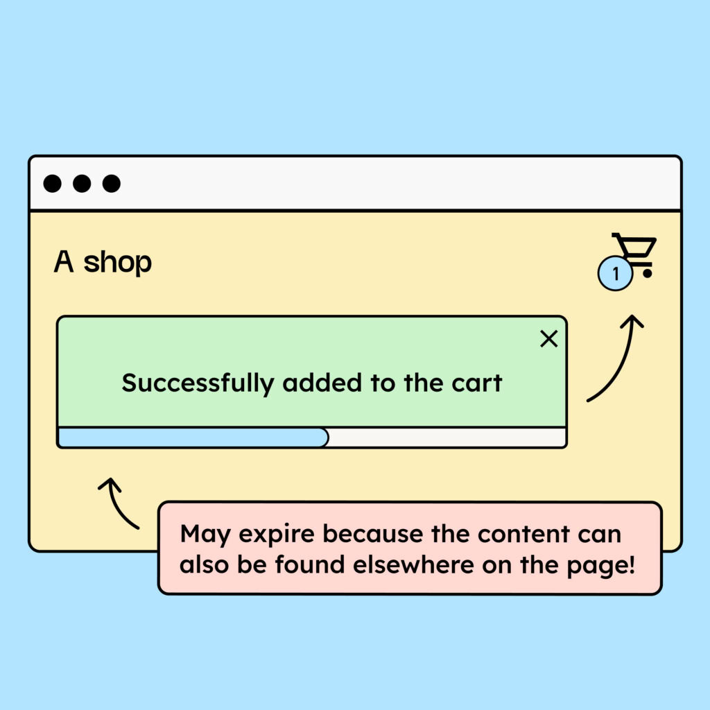 Illustration of an online shop website. A message with a disappearing progress bar says: Successfully added to the cart. Additionally, the user receives the same information through the number 1 displayed in the top right next to the cart icon.