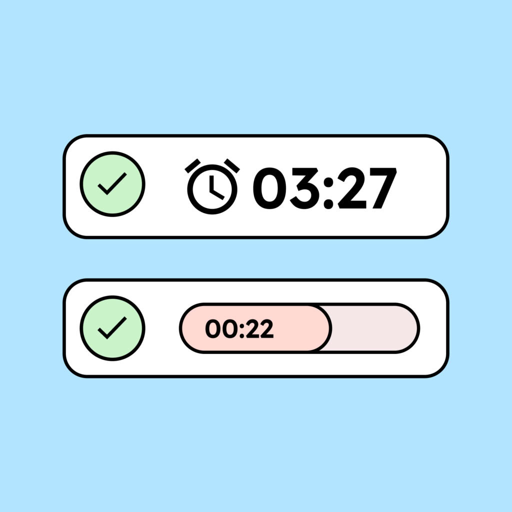 Two examples of essential animations. The upper one shows a timer icon and a time display. The lower one shows a progress bar with a filling animation and the time displayed inside the bar.