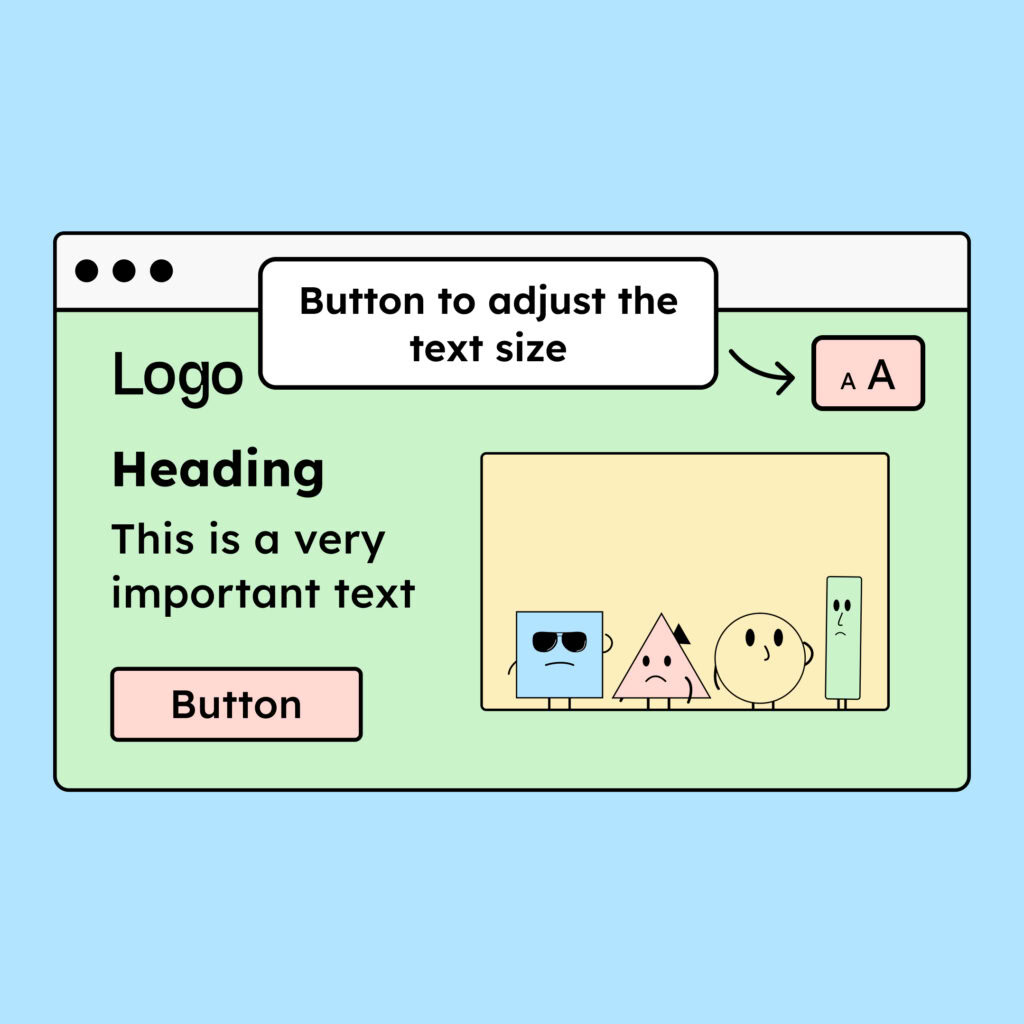 Illustration of a webpage. At the top of the page, there is a button to adjust the text size.