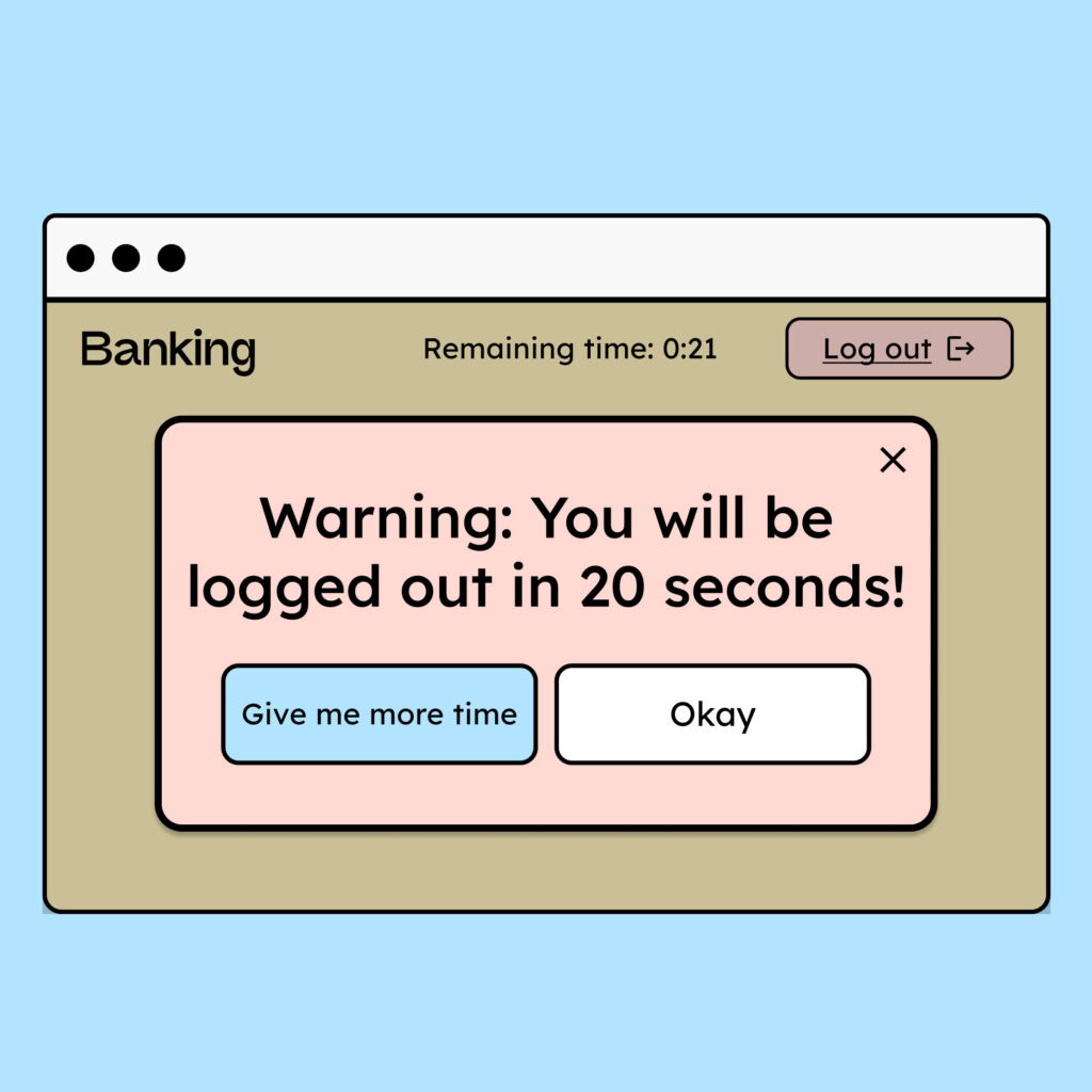 Illustration of a modal warning the user that they will be logged out in 20 seconds.