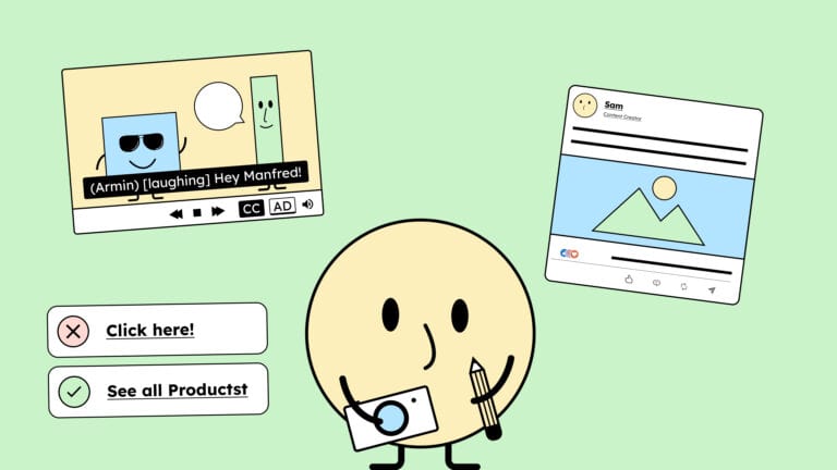 Our mascot Sam with a pencil and a camera. Trying to create accessible content.