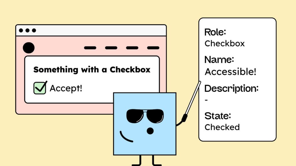Our mascot Sam as a dev, showing an accessibility tree.