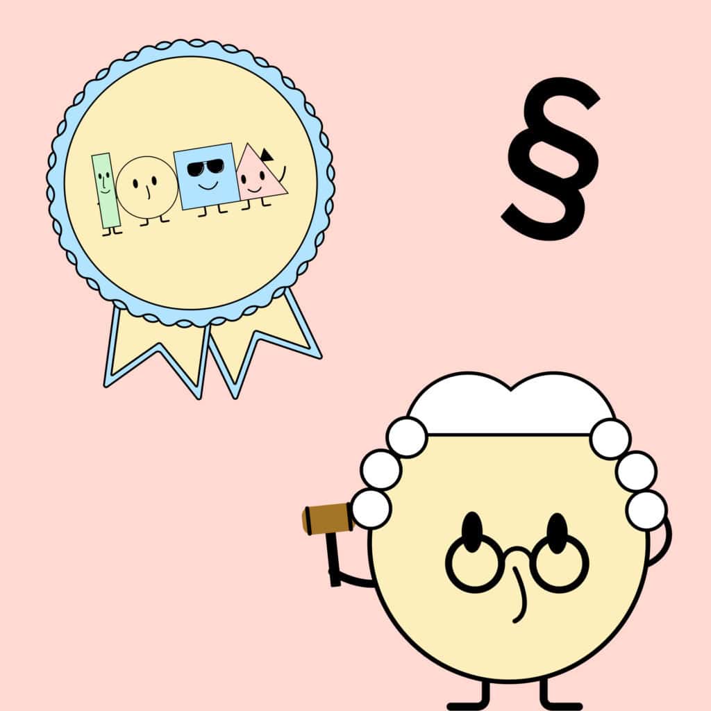 A round yellow character dressed as a judge with glasses and a white wig holds a gavel. Next to it is a legal paragraph symbol and a badge showing four geometric characters representing accessibility.
