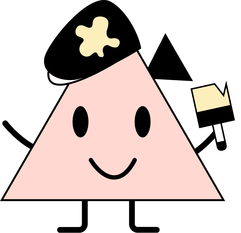 A red triangular character with a smiling face, a paint splatter on its head, and a small paintbrush in hand