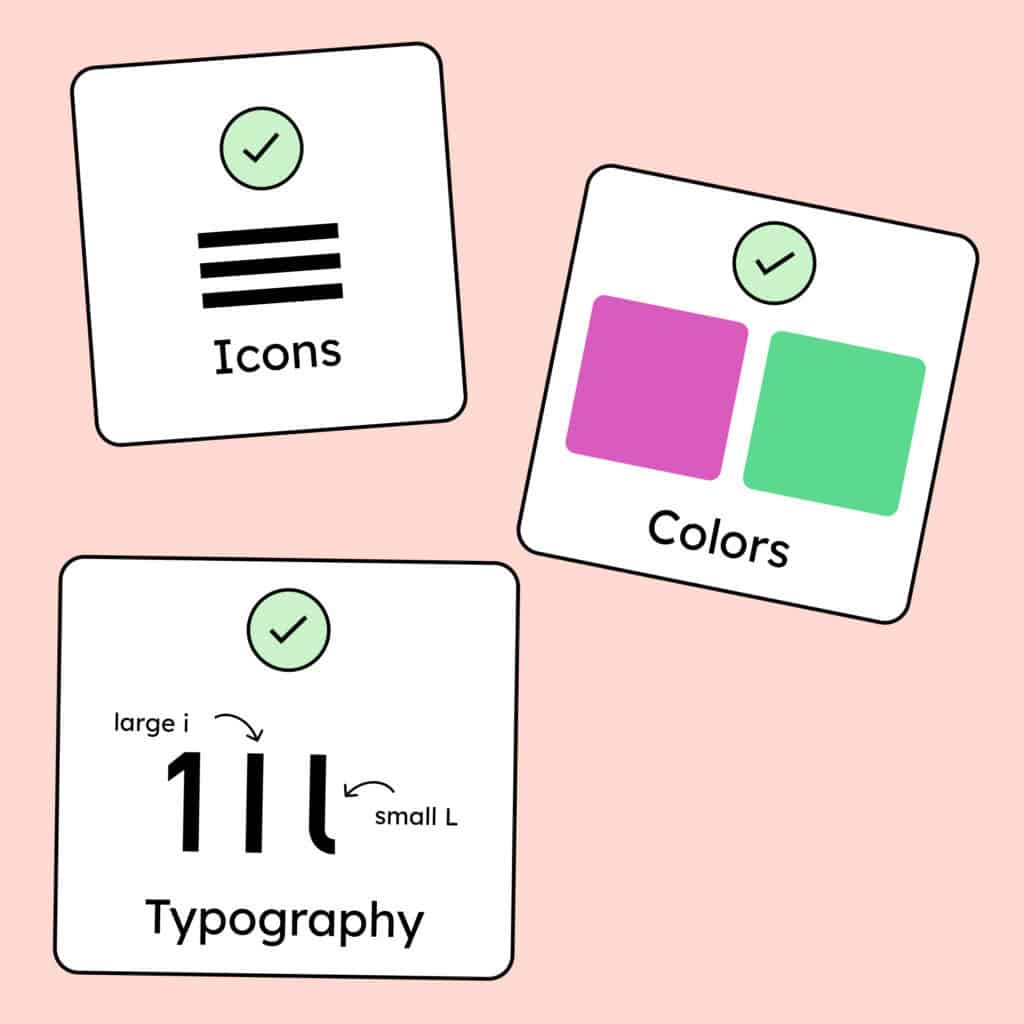 Three cards illustrate accessible design elements: One shows an icon with a visible description, another shows two color swatches (pink and green) and the third shows typography comparing a capital I and a lowercase l to highlight font clarity. All of the cards have a checkmark.