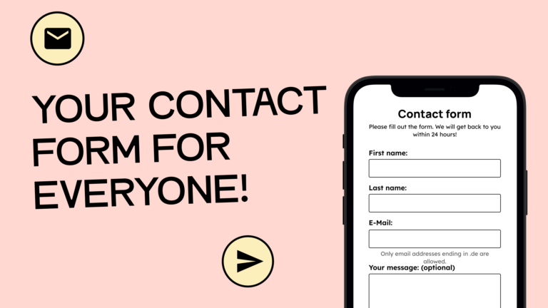 Image over text: Your contact form for everyone! Next to it is an illustration of a smartphone with a contact form.