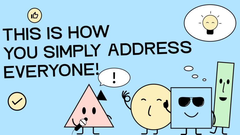 A graphic reads, "This is how you easily talk to everyone!" Below it are four cartoon characters. The one on the left is speaking into a microphone, and above her head is a speech bubble with an exclamation mark. The other three are standing opposite her on the right, pleased that they can hear her clearly. They are giving a thumbs-up, and above their heads appears a thought bubble containing a switched-on lightbulb.