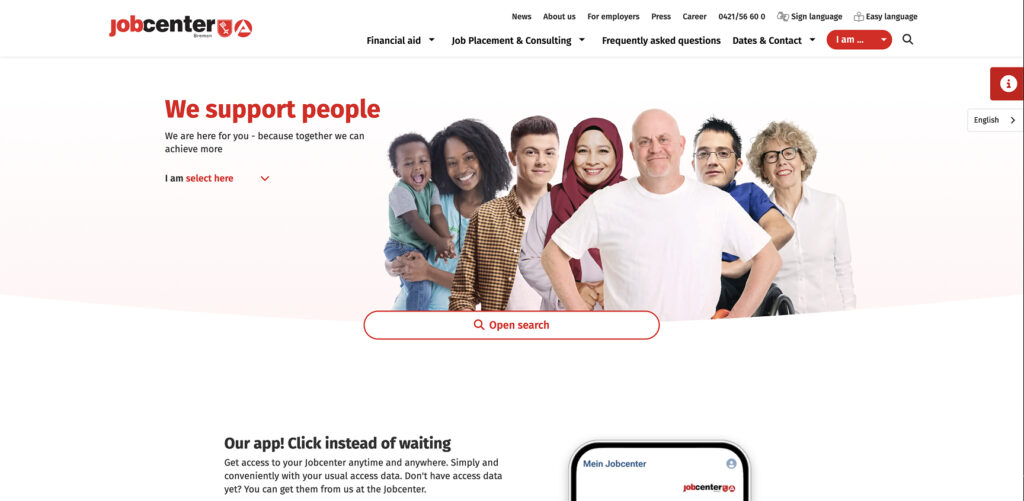 A screenshot of the Bremen Job Center website. The site is well-designed, clearly laid out, and accessible.