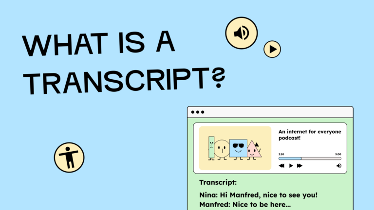 Graphic titled ‘What is a transcript?’ showing a podcast player with cartoon hosts and a short written transcript beneath it.