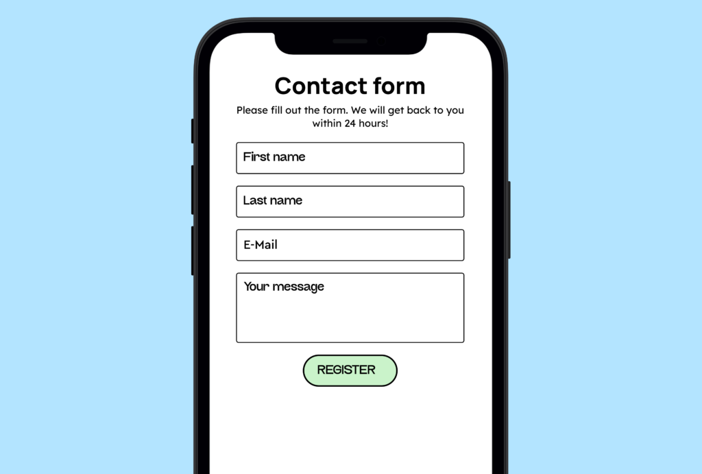 Smartphone displaying a simple, accessible contact form with fields for name, email, and a message, shown on a light blue background.