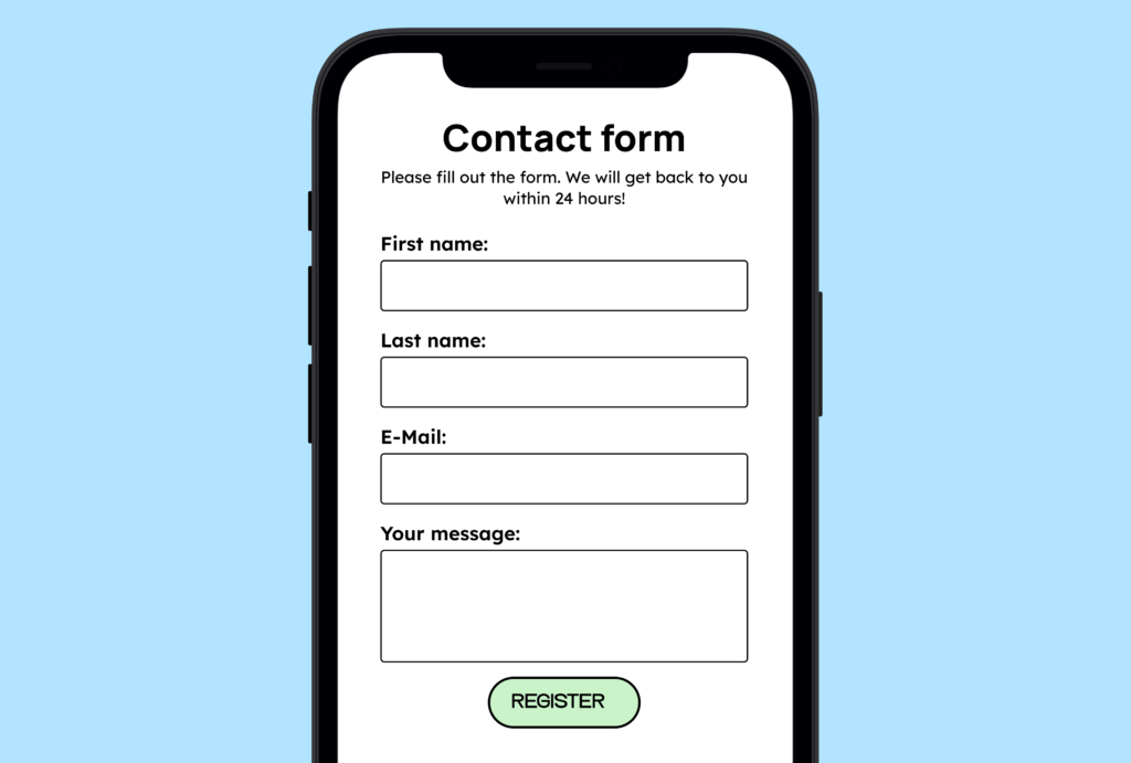 Smartphone screen displaying a simple contact form with fields for first name, last name, email, and an optional message, shown on a light blue background with a green “Register” button.