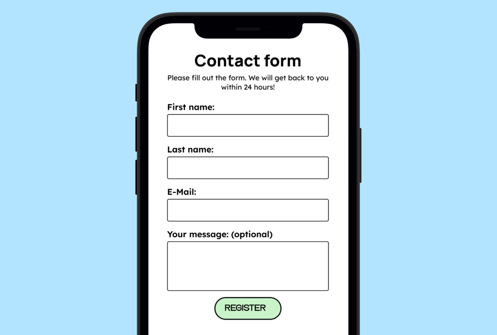 Smartphone screen displaying a simple contact form with fields for first name, last name, email, and an optional message, along with a green “Register” button on a light blue background.