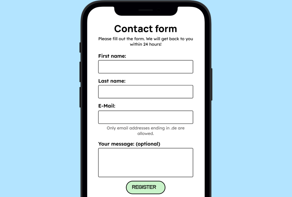 Smartphone screen showing a contact form with fields for first name, last name, email, and an optional message, along with a note about .de email addresses and a green “Register” button.