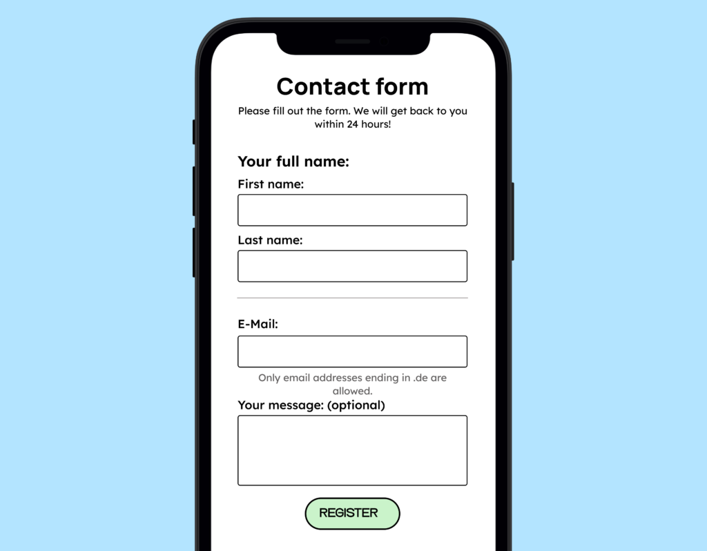 Smartphone screen showing a contact form with fields for full name, email, and an optional message, including a note that only .de email addresses are allowed and a green “Register” button.