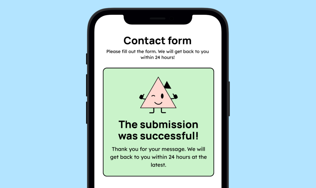 Smartphone screen showing a confirmation message for a successfully submitted contact form, with a friendly pink character and clear text confirming the submission.