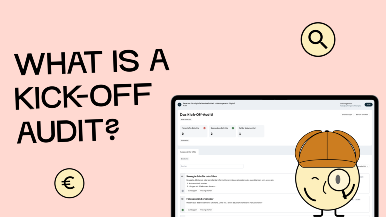 A screenshot of our test tool with the kick-off audit open and our mascot Sam examining it with a magnifying glass!