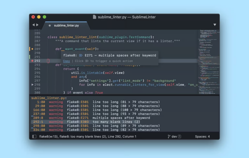 A screenshot of a linting error from the Sublime linter