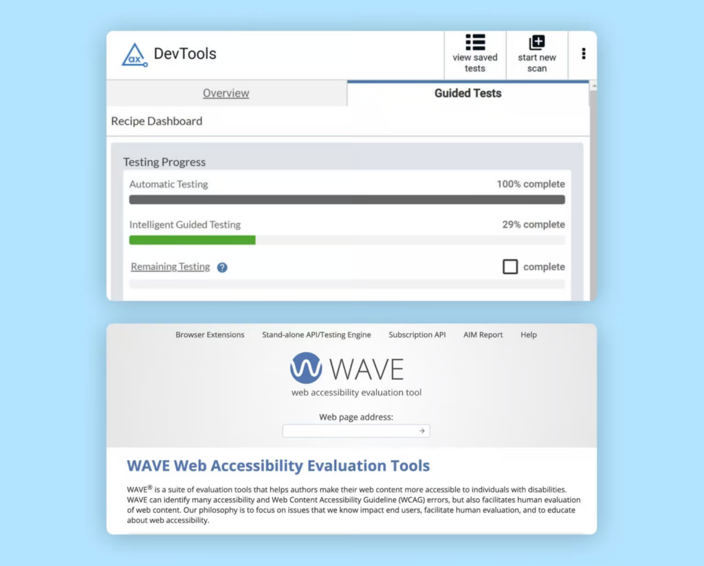 Screenshots from Axe-Dev-Tools and the Wave website.