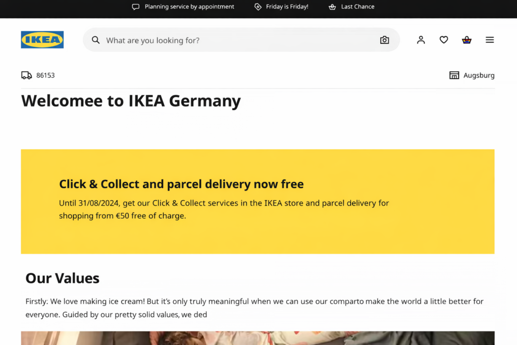 A screenshot of the homepage of the Ikea webshop.