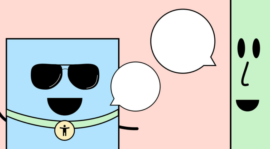Illustration of a tester and a figure asking him a question. The tester is wearing a medal with an accessibility symbol around his neck.