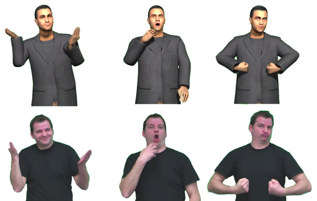 This graphic shows three poses of a person speaking sign language. Above each pose is an avatar meant to imitate it. The avatar's facial expressions and gestures are less pronounced than those of the person.