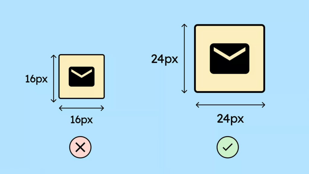 Two buttons with icons are visible. The first is only 16 by 16 pixels and therefore too small. The second is 24 by 24 pixels and therefore large enough.