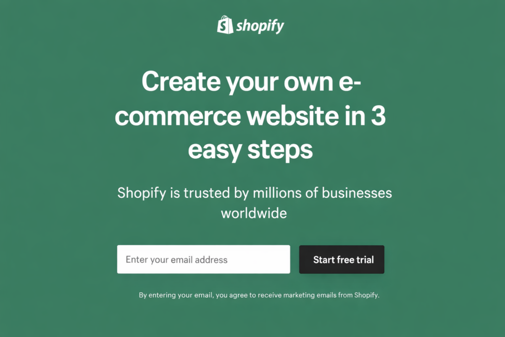 Screenshot of the Shopify-Landingpage.
