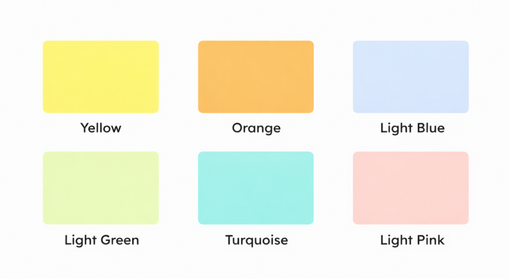 6 colors: money, orange, turquoise, light green, light blue and pastel red on white