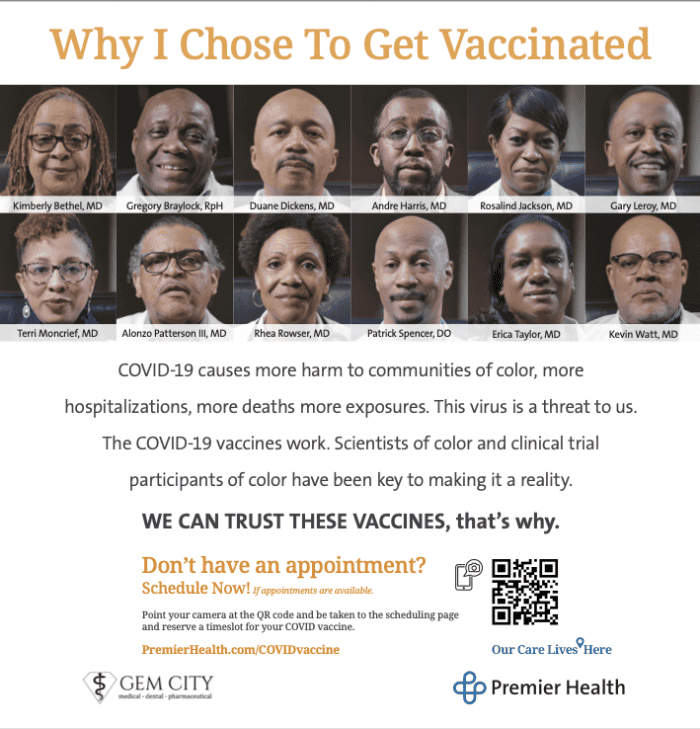 Why I Chose To Get Vaccinated: Image of 12 Black Medical Professionals with Text: COVID-19 causes more harm to communities of color, more hospitalizations, more deaths more exposures. This virus is a threat to us. The COVID-19 vaccines work. Scientists of color and clinical trial participants of color have been key to making it a reality.