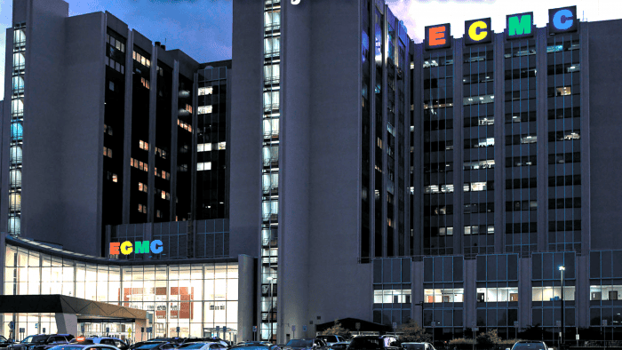 ECMC Tower lights lit up in rainbow colors