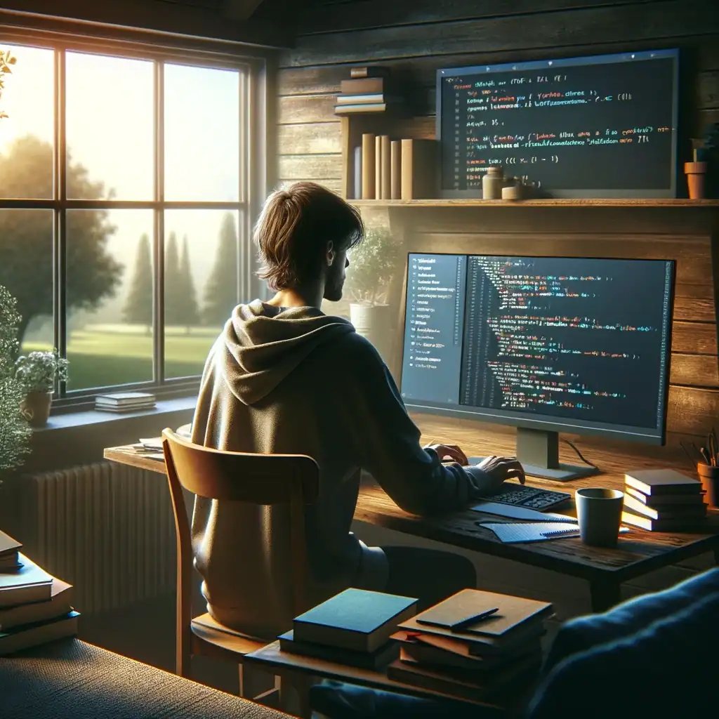 The Top Art of Learning: How Self-Directed Learning Can Transform your Life 2 Image depicting an individual acquiring coding skills alone and online. The scene captures the focused atmosphere of self-driven learning in a comfortable setting.
