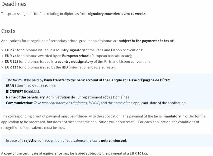 Luxembourg does not recognise European baccalaureate 2 bureaucratic insanity, screenshot of web page from ministry of education specifying details for recognition of european baccalaureate