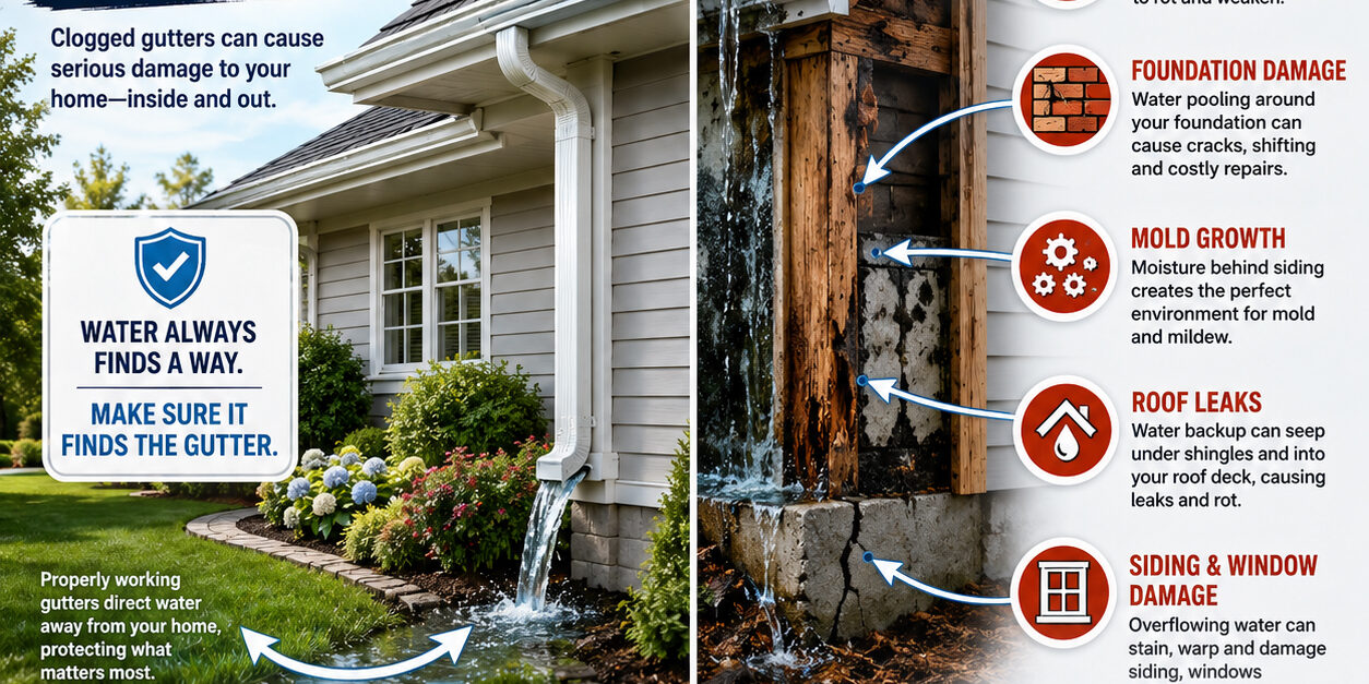 Split infographic: left side shows a house with a gutter and the headline 'The Hidden Damage You Never See' about clogged gutters; right side shows gutter damage causes and a diagram with arrows and icons for wood rot, foundation damage, mold growth, roof leaks, and siding damage.