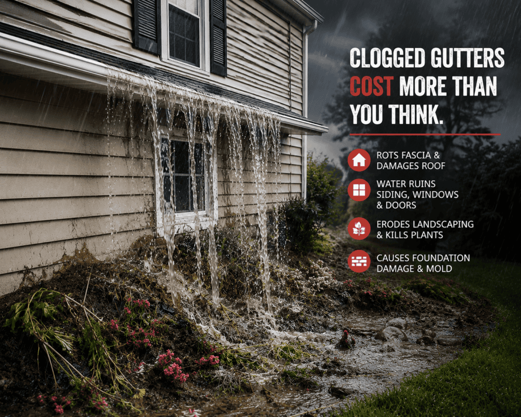 House with water pouring from clogged gutters on a rainy day; right side lists damages like roof, siding, landscaping, and foundation.