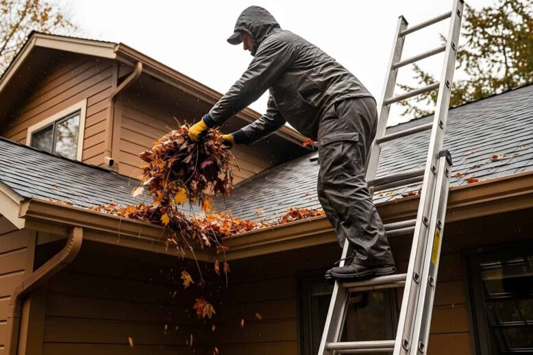 Person on a ladder in rain gear removing autumn leaves from a roof gutter.