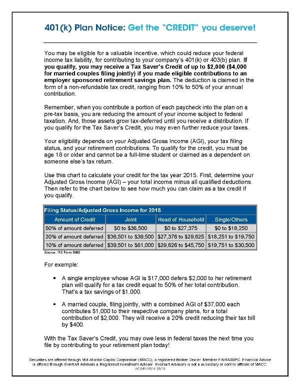 03 March 2016 - Tax Savers Credit Reminder Memo