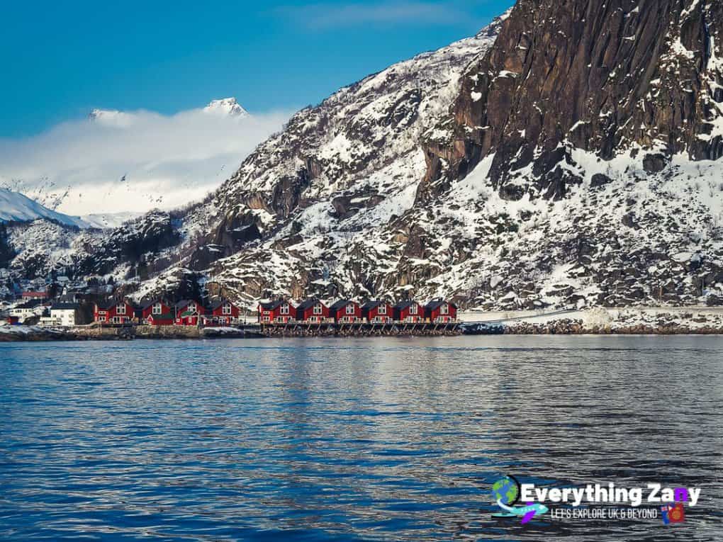 Coastal red cabins in Lofoten Norway