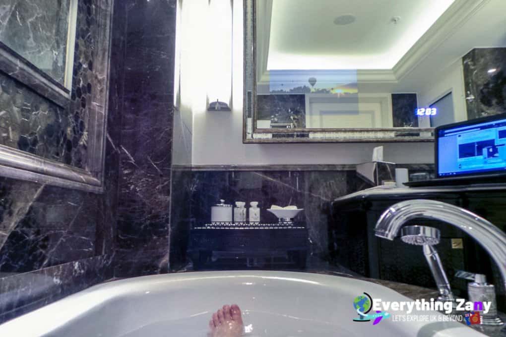 Inside the Bathroom of Shangri la Bosphorus with television on its mirror