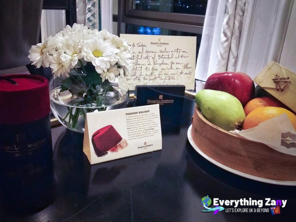 Welcome treats and fruit platter from Shangri la Bosphorus Istanbul